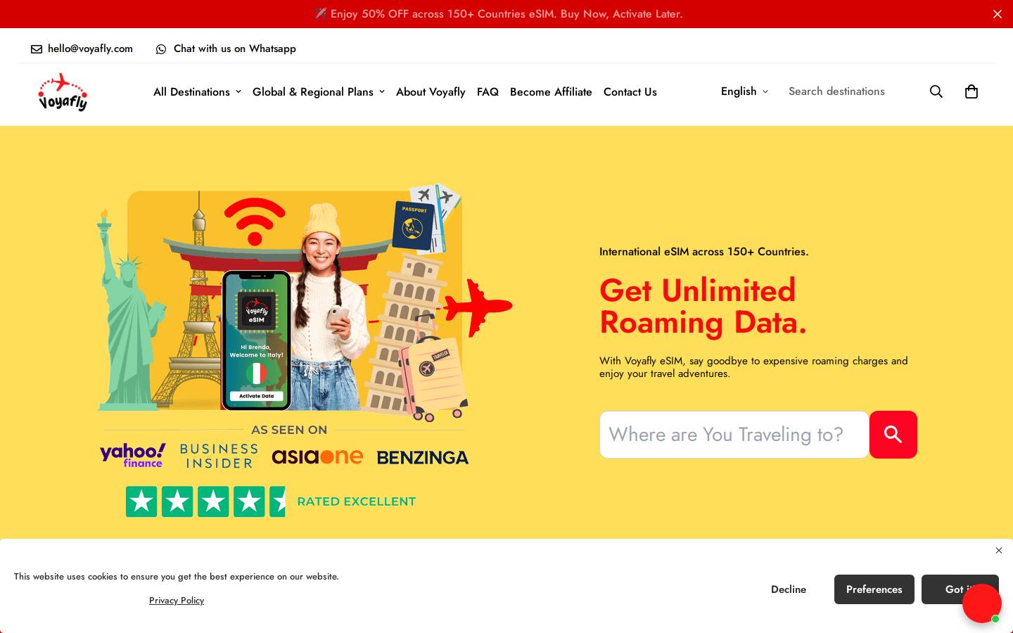 Voyafly eSIM homepage screenshot