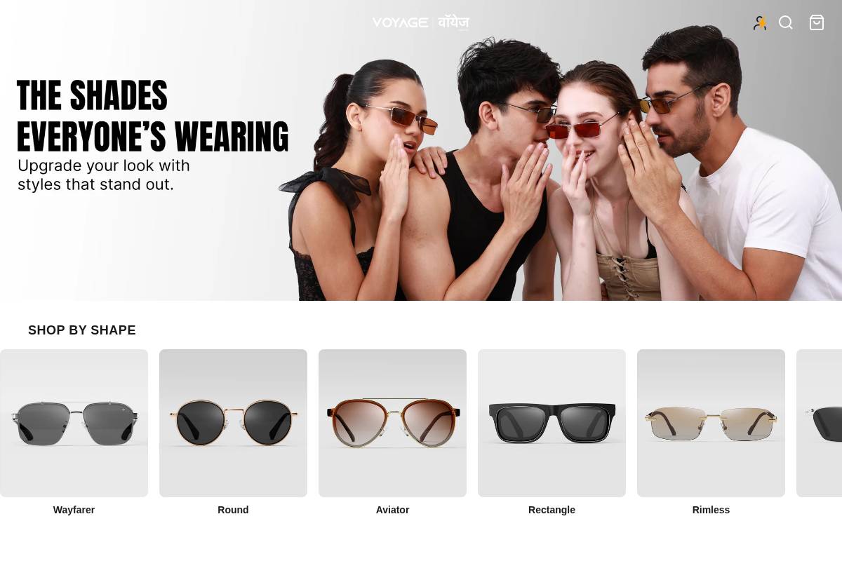 Voyage Eyewear homepage screenshot