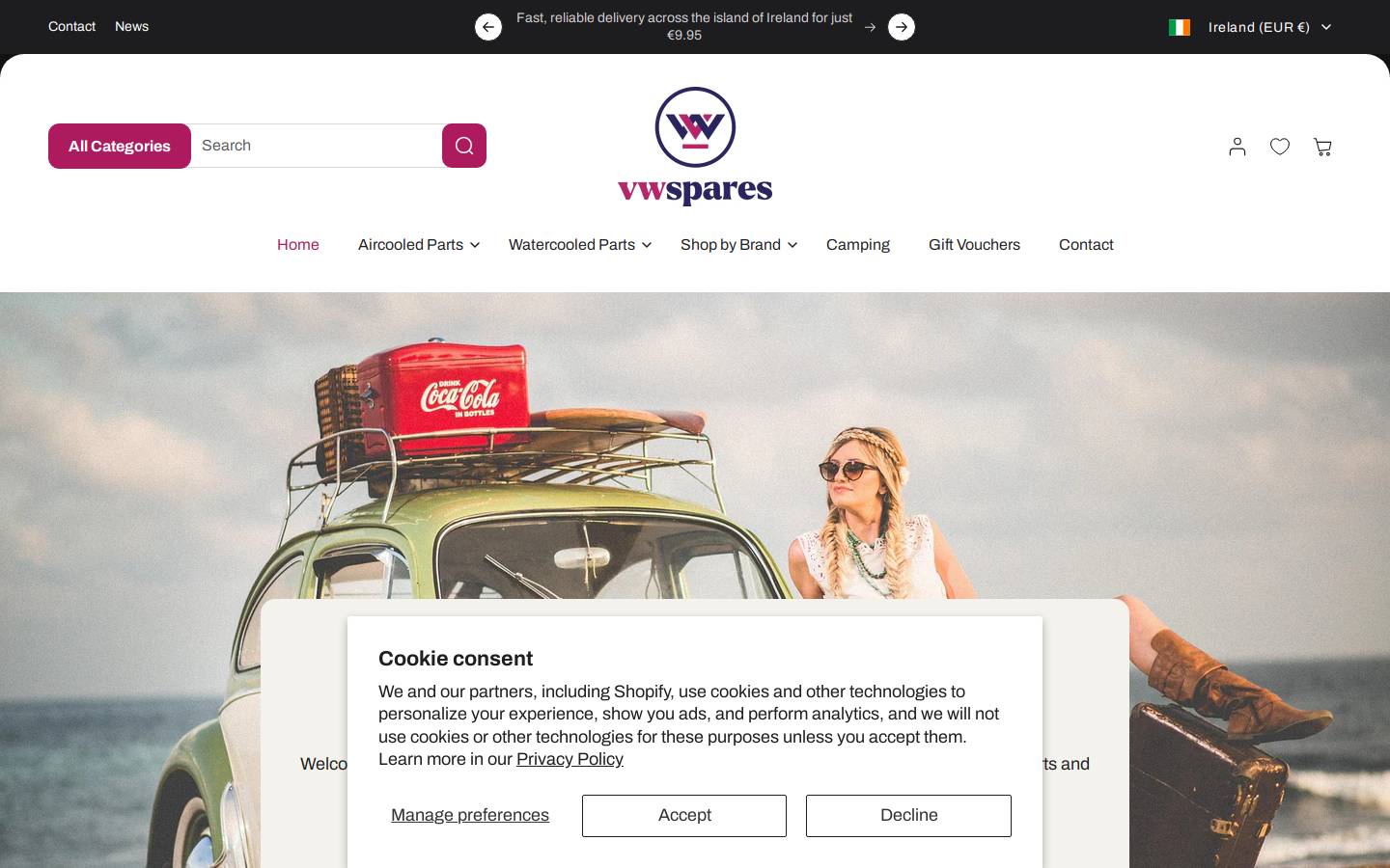 vwspares.ie homepage screenshot