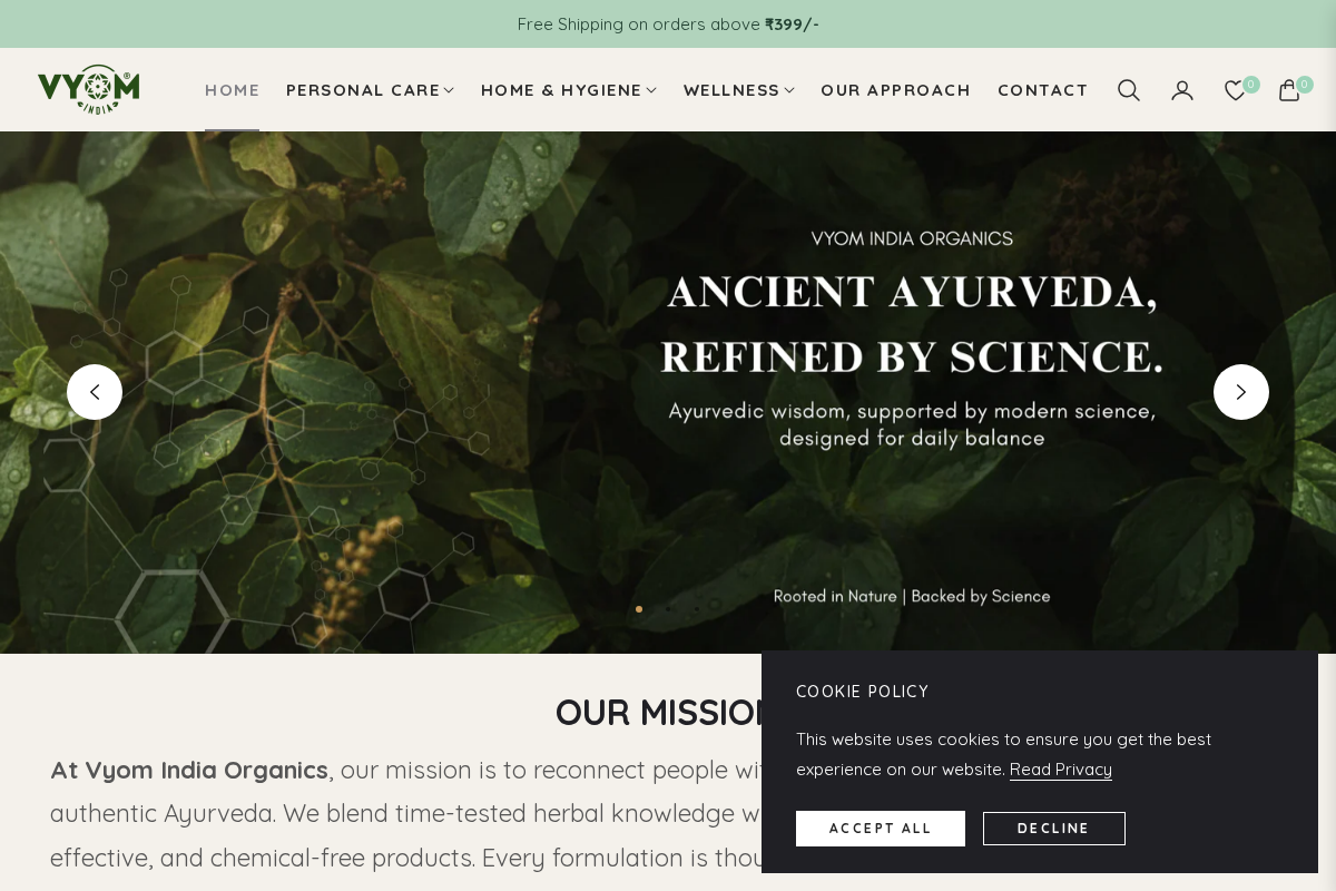 Vyom India Organics homepage screenshot