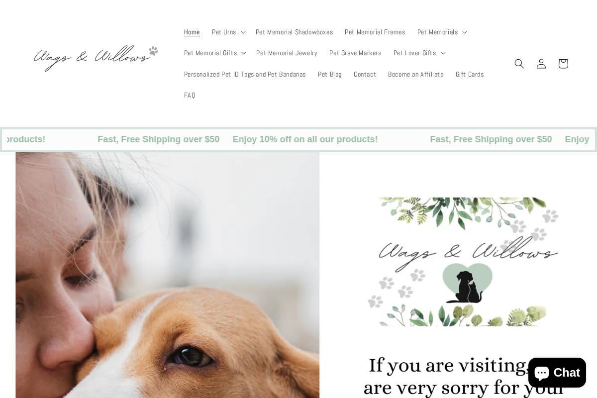 wagsandwillows.com homepage screenshot