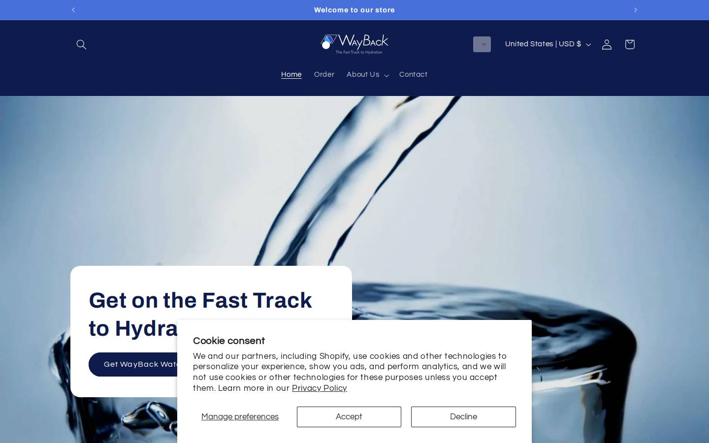 waybackwater.com homepage screenshot