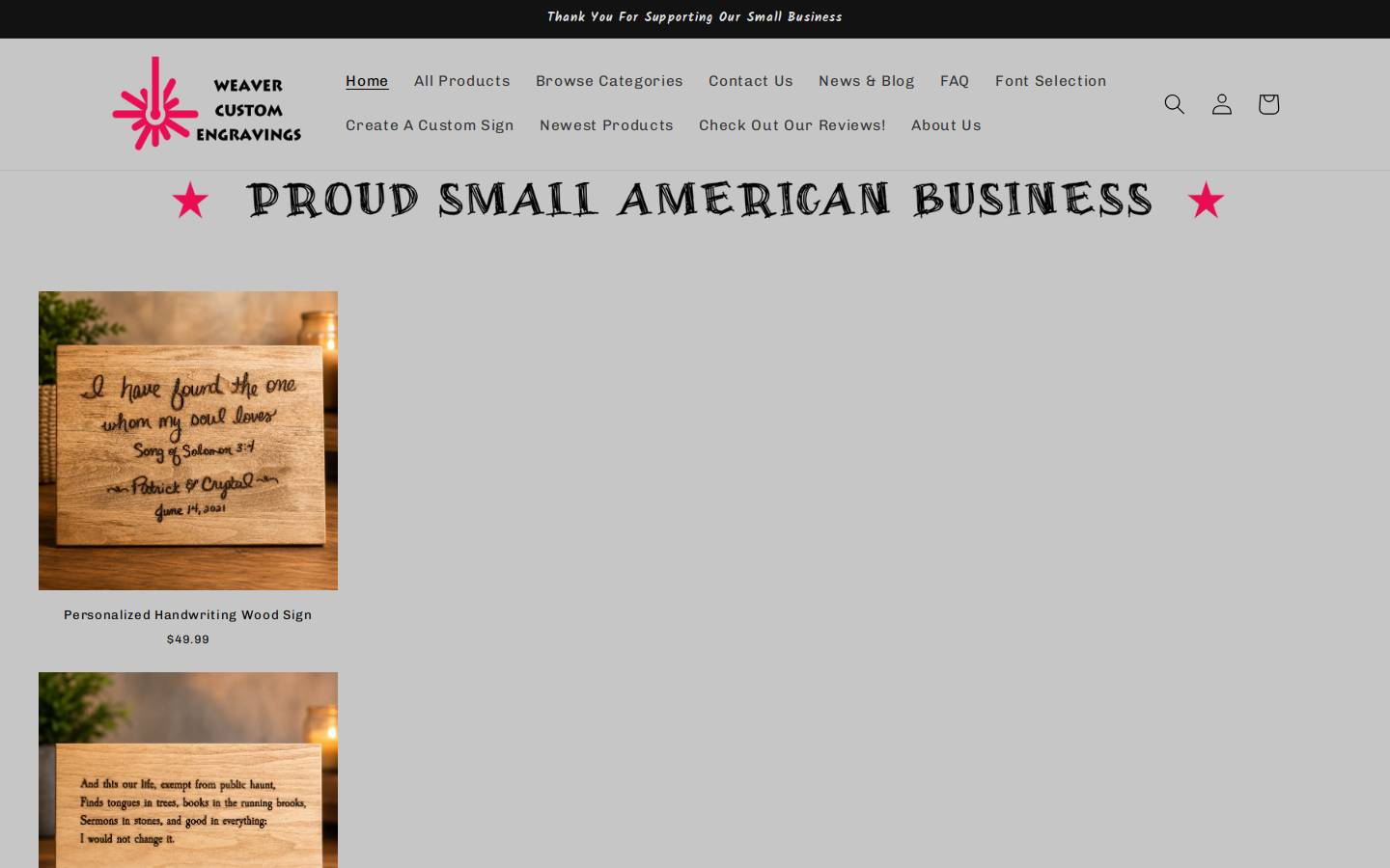 weavercustomengravings.com homepage screenshot