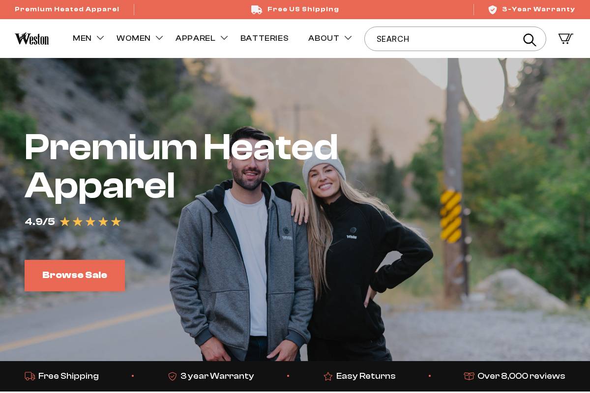 Weston Store Heated Clothing homepage screenshot