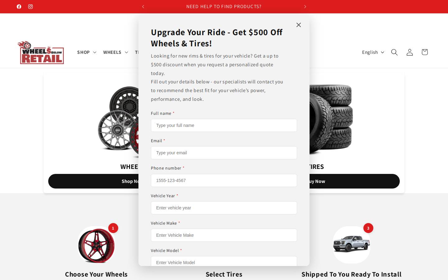 wheelsbelowretail.com homepage screenshot