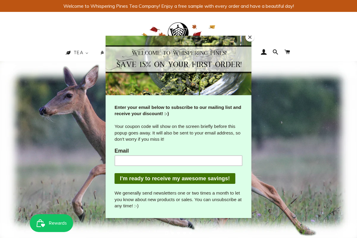 Whispering Pines Tea Company homepage screenshot