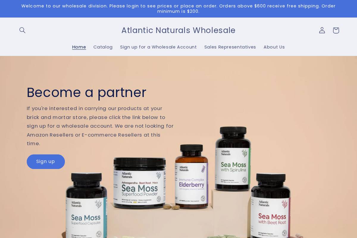 wholesale.atlanticnaturals.com homepage screenshot