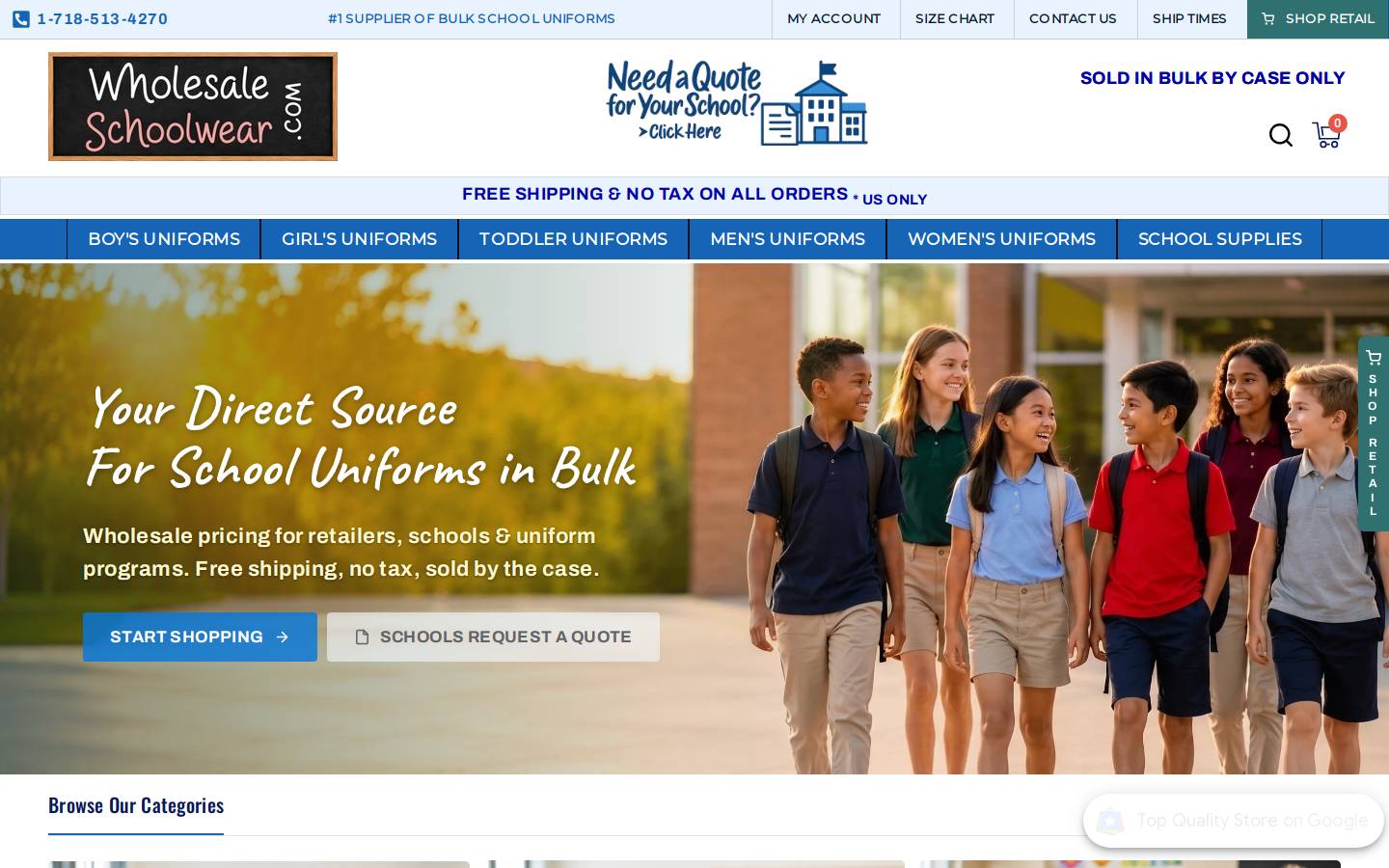 wholesaleschoolwear.com homepage screenshot