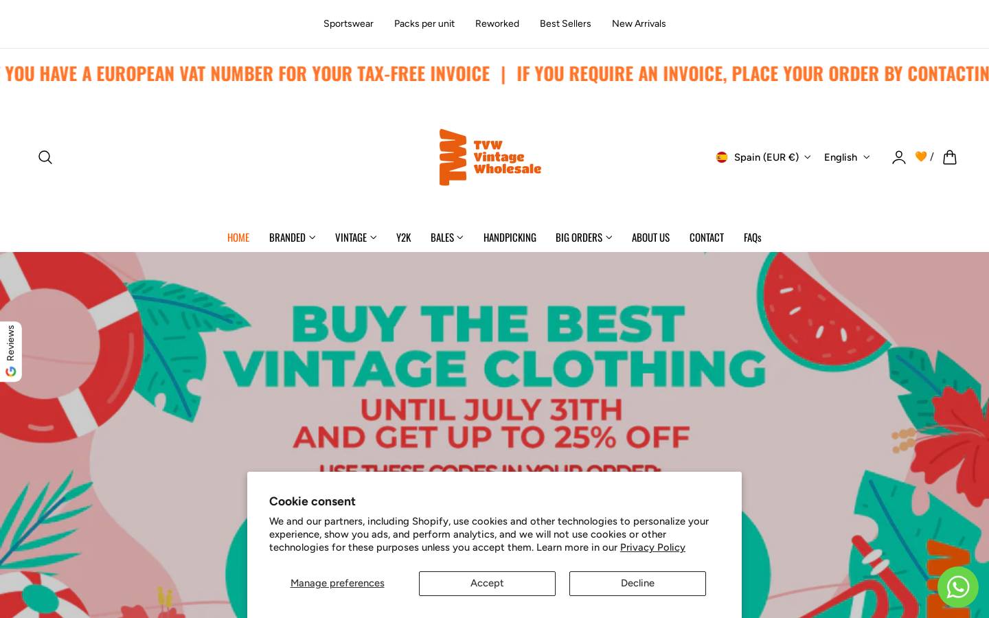 TVW Vintage Wholesale homepage screenshot