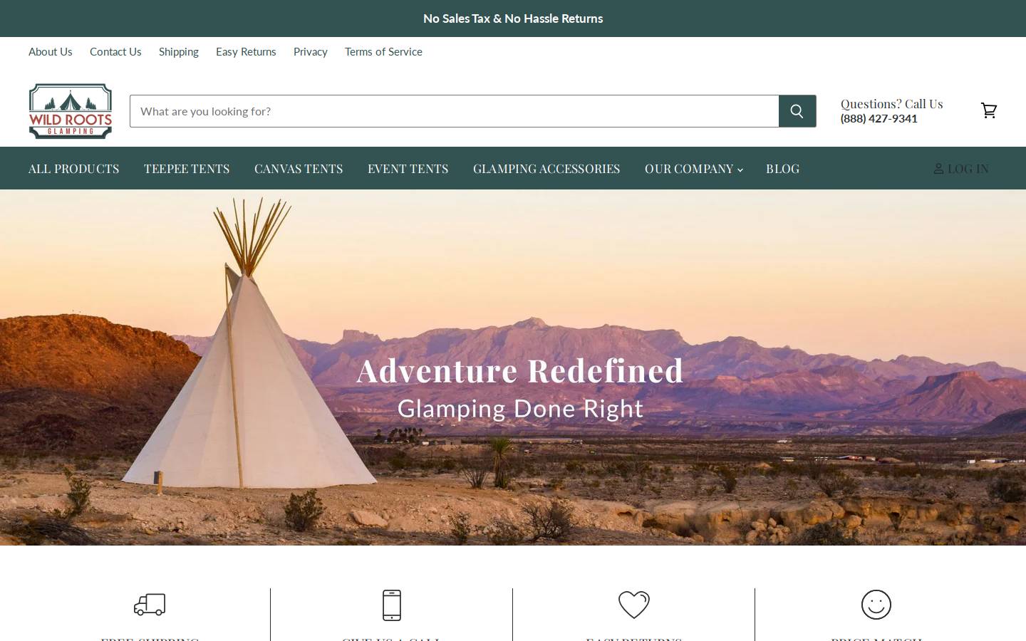 wildrootsglamping.com homepage screenshot
