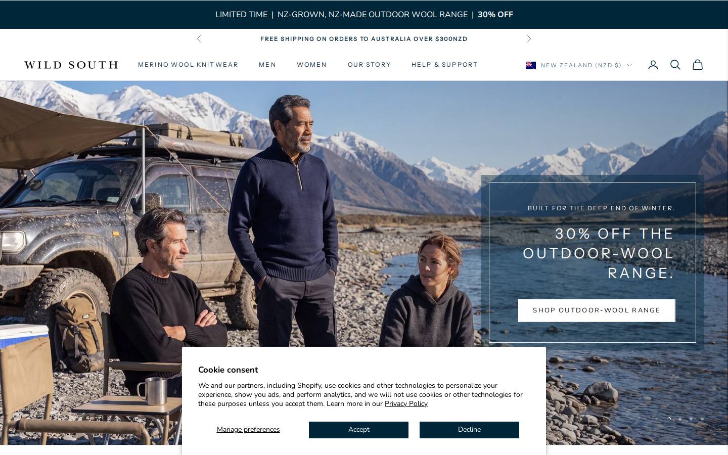 wildsouthclothing.co.nz homepage screenshot