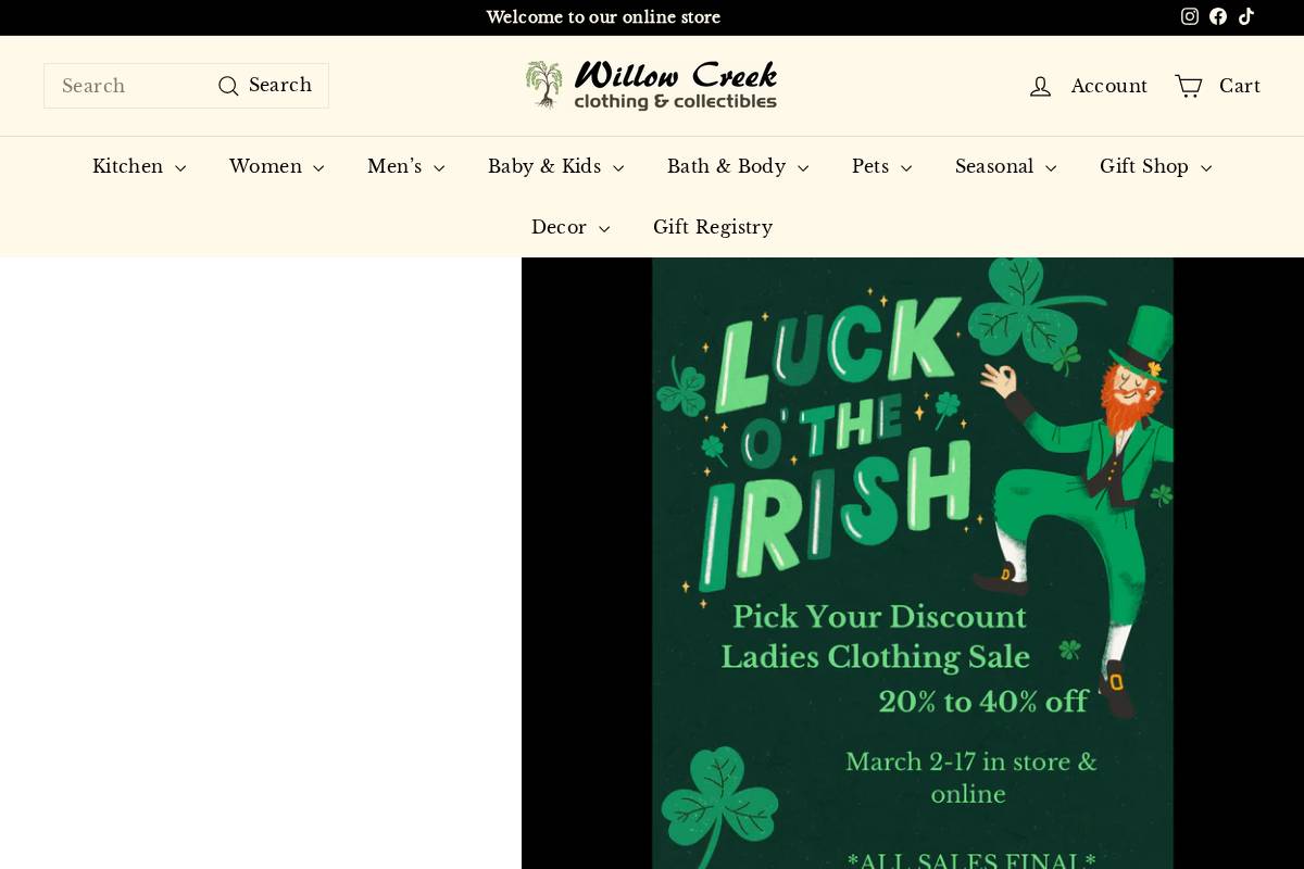 Willow Creek Clothing & Collectibles homepage screenshot