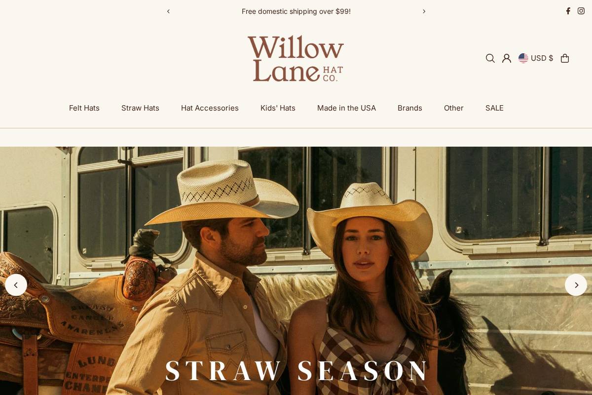 willowlanehats.com homepage screenshot
