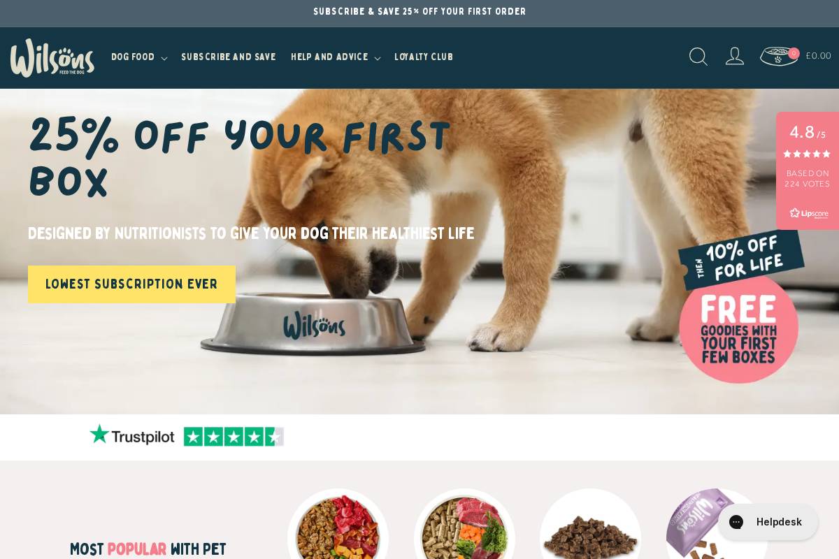 Wilsons Pet Food homepage screenshot