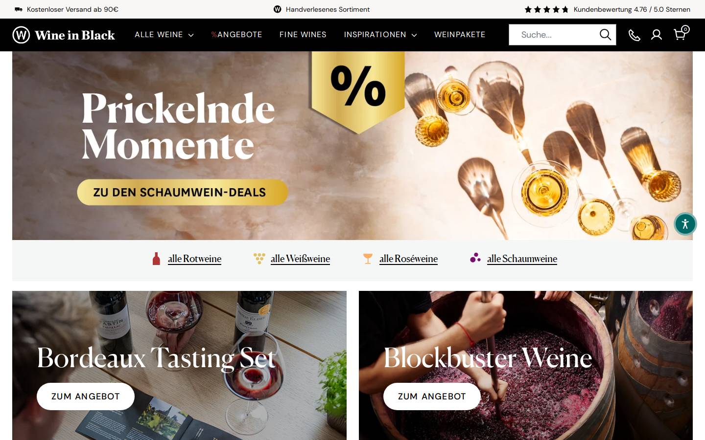 Wine in Black homepage screenshot