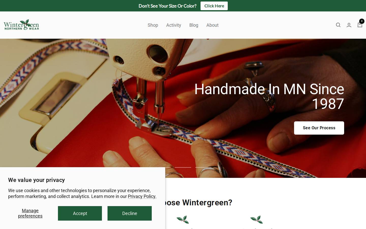 wintergreennorthernwear.com homepage screenshot