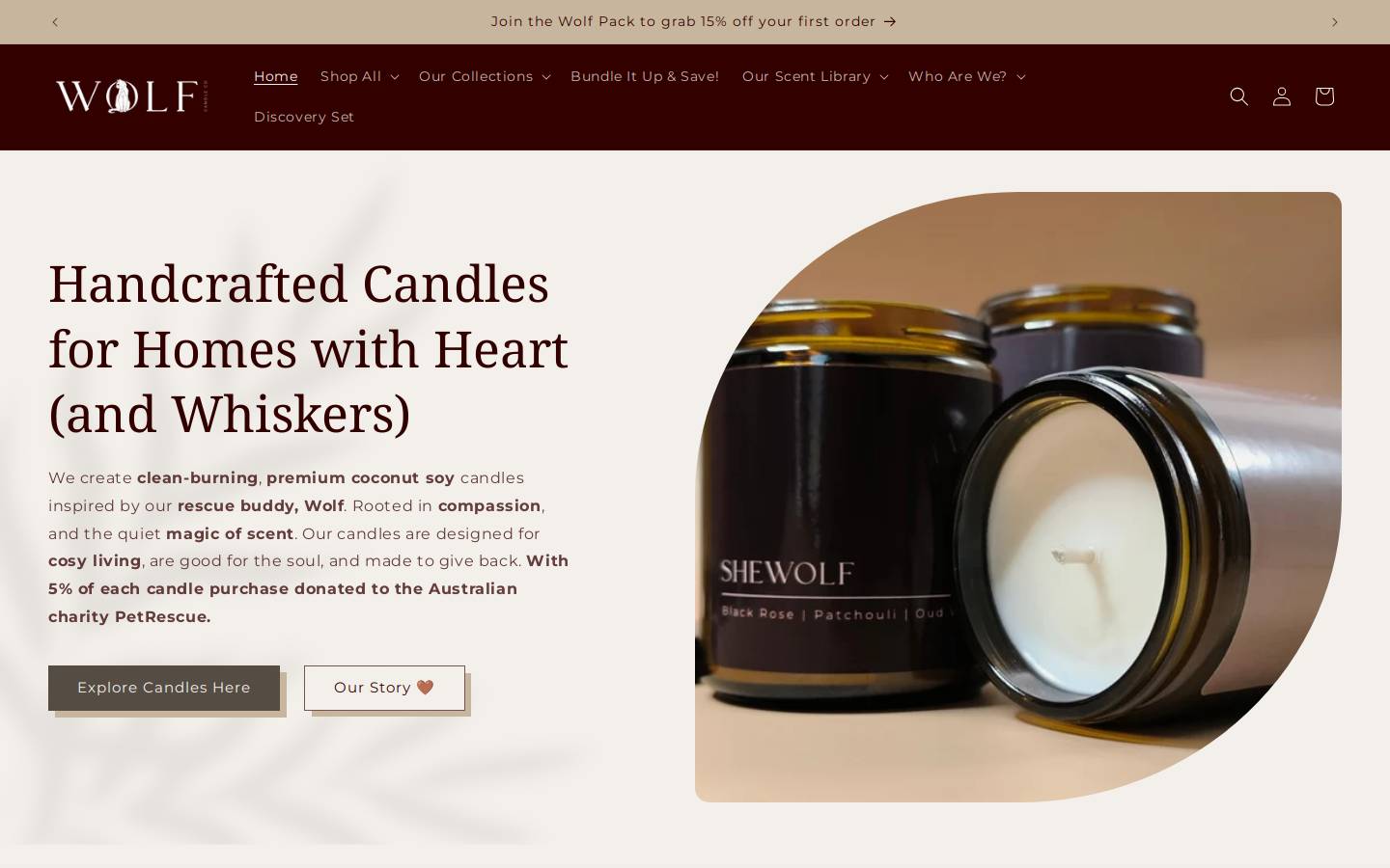 wolfcandles.au homepage screenshot