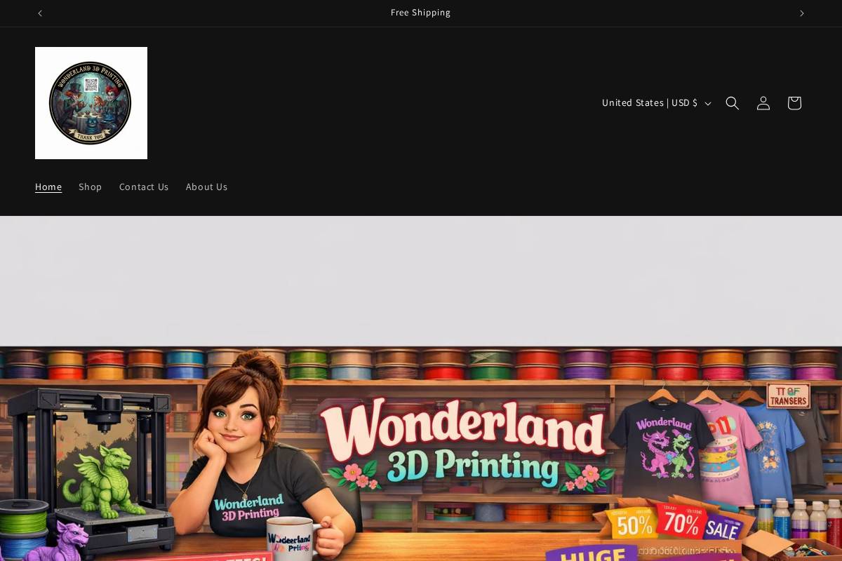 wonderland3dprinting.com homepage screenshot