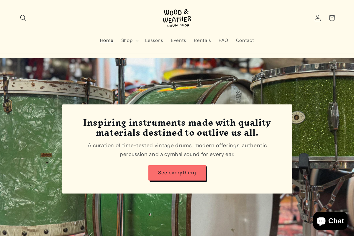 Wood & Weather Drum Shop homepage screenshot