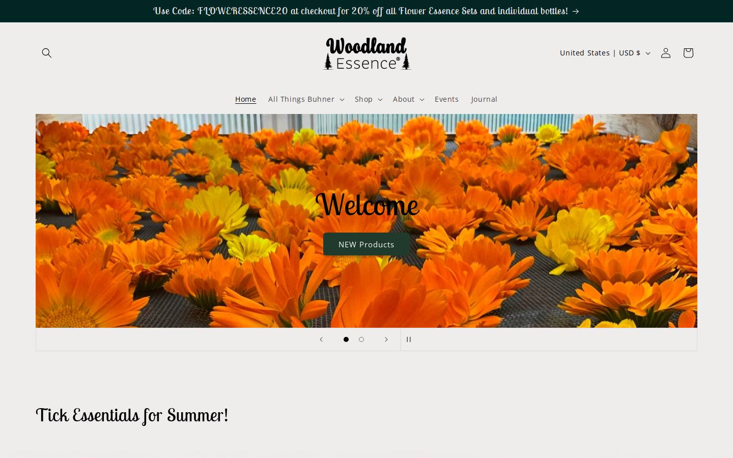 woodlandessence.com homepage screenshot