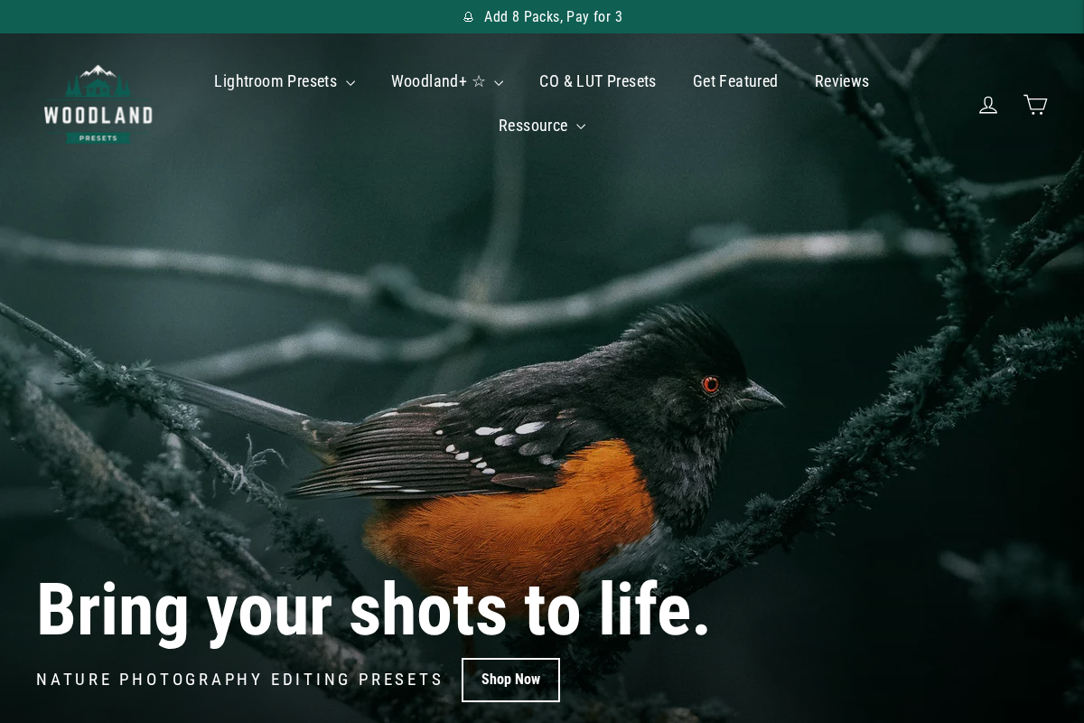 Woodland Presets homepage screenshot