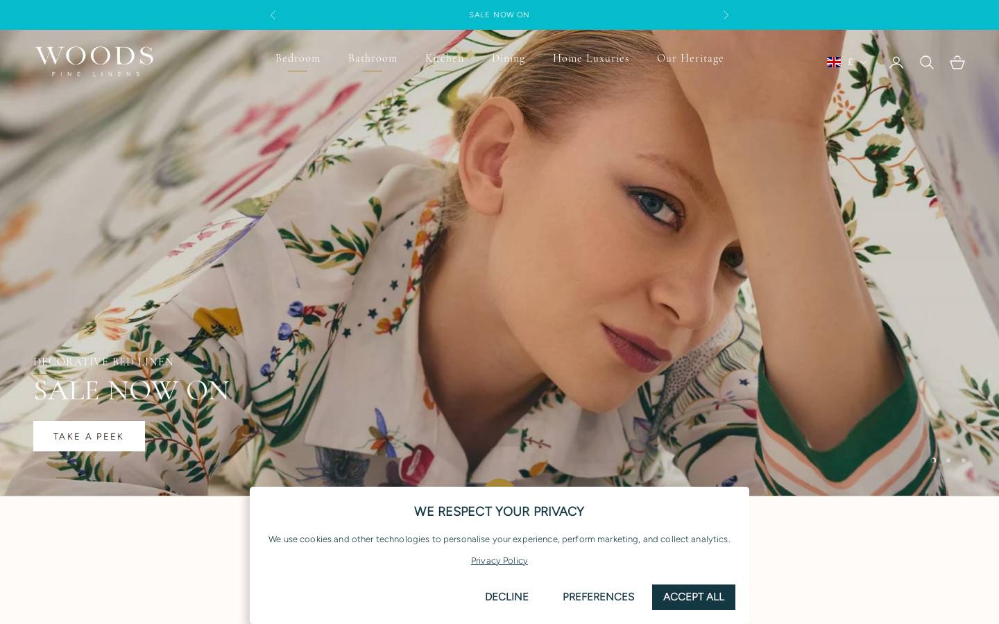 woodsfinelinens homepage screenshot