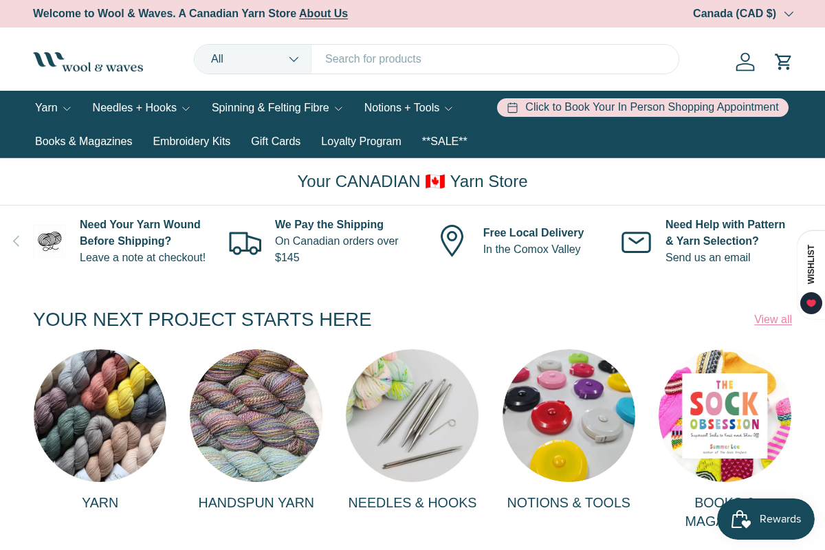 Wool and Waves Yarn Store homepage screenshot