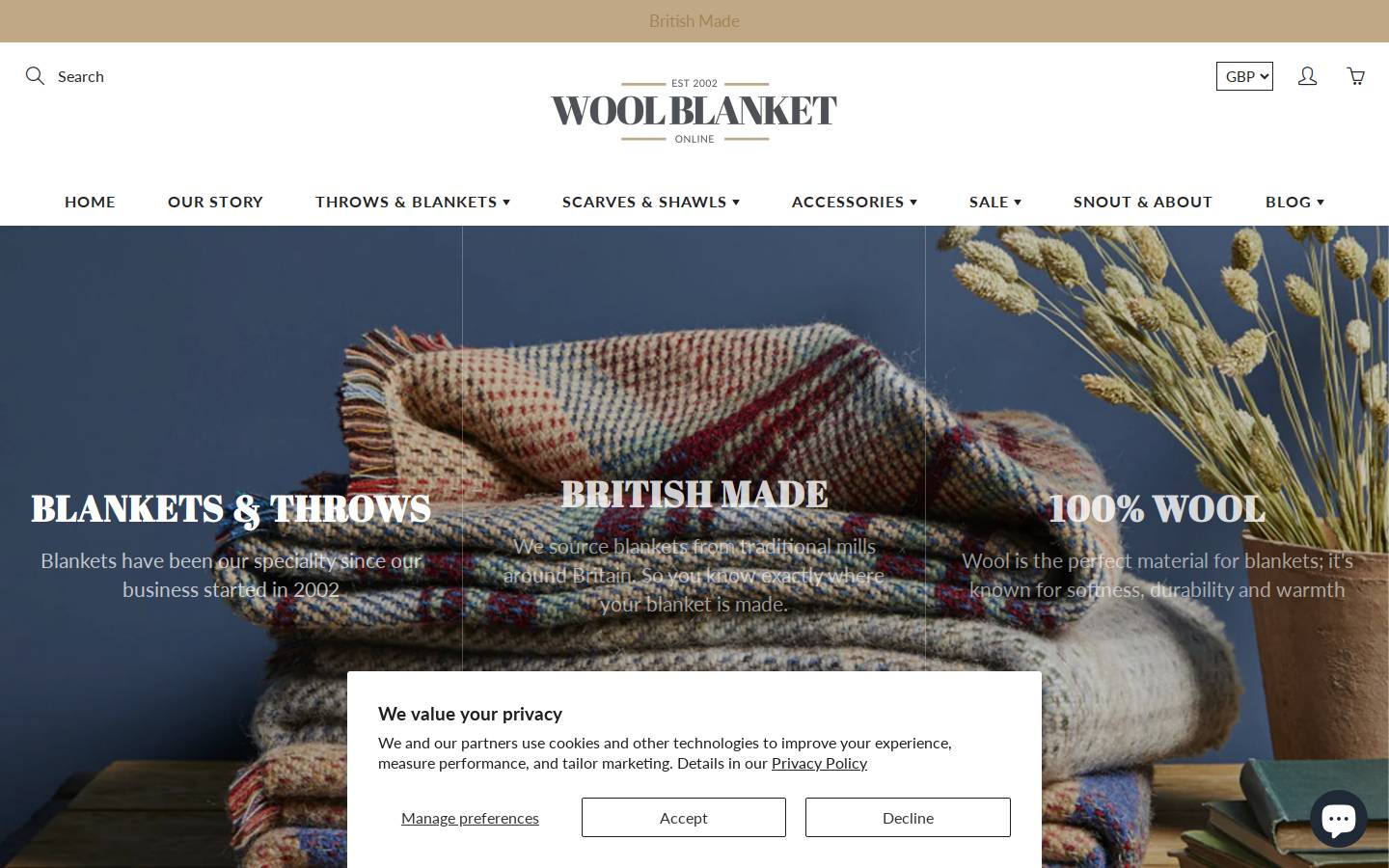 Wool Blanket Online homepage screenshot