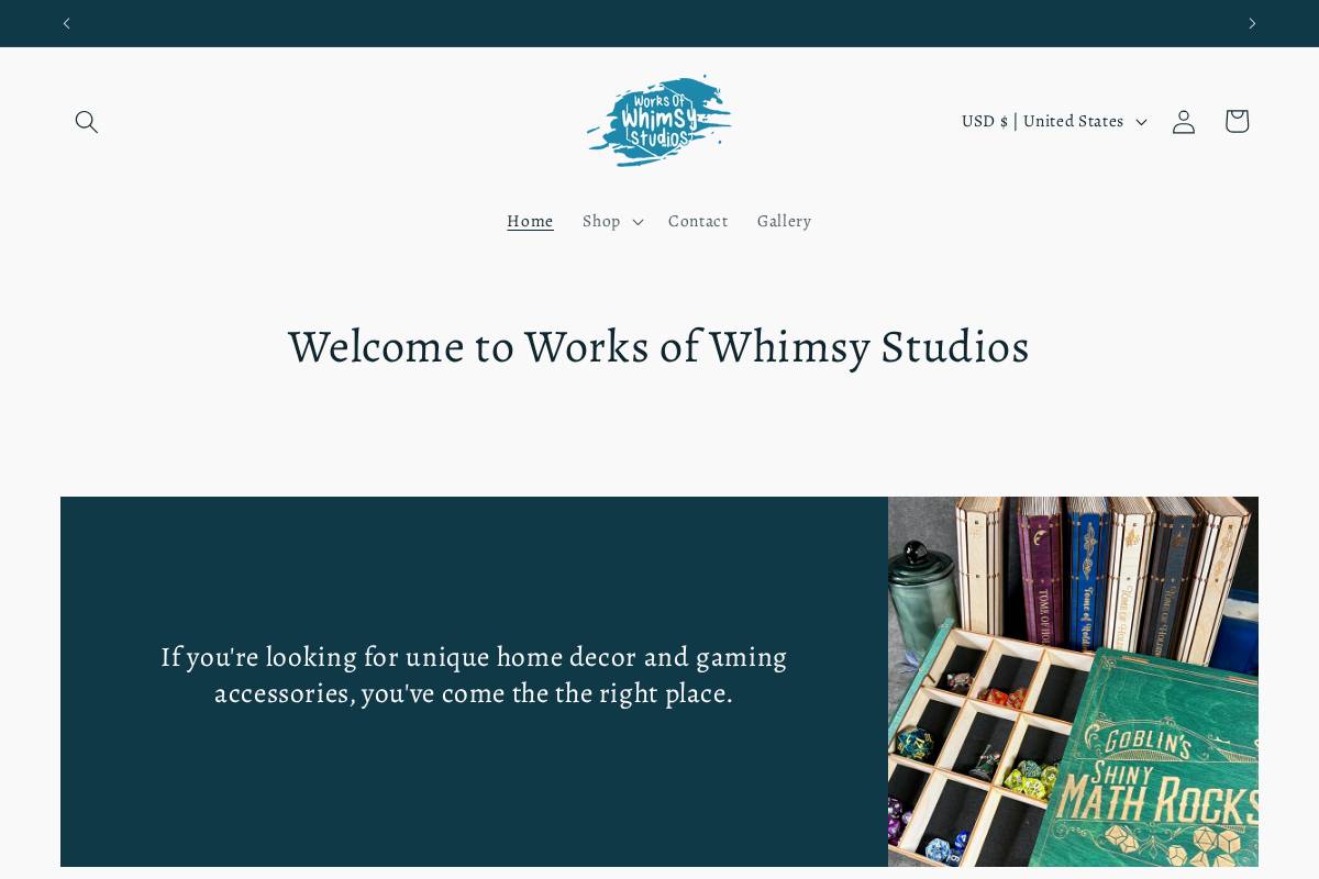 worksofwhimsystudios.com homepage screenshot