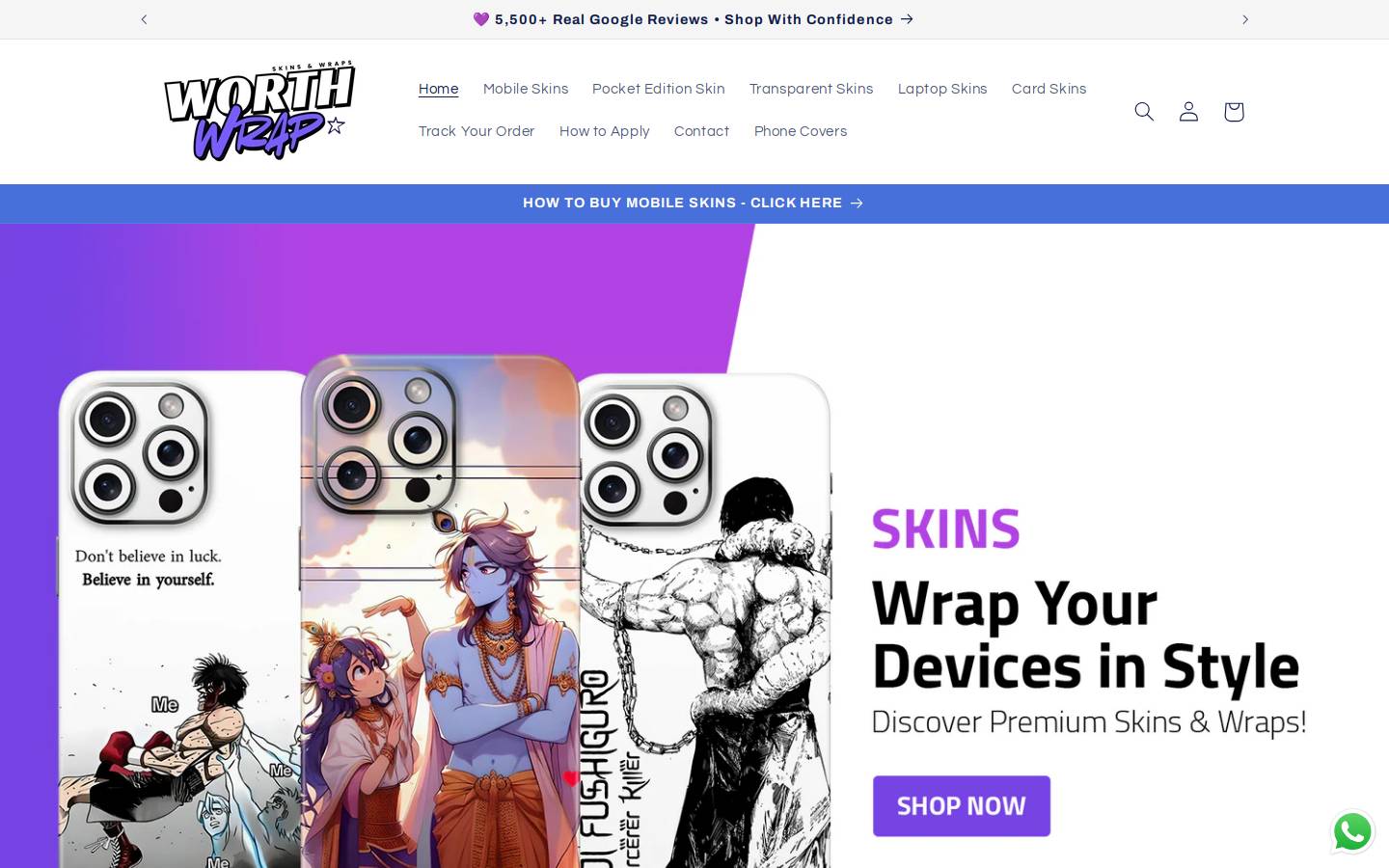Worthwrap Mobile Skins & Wraps homepage screenshot