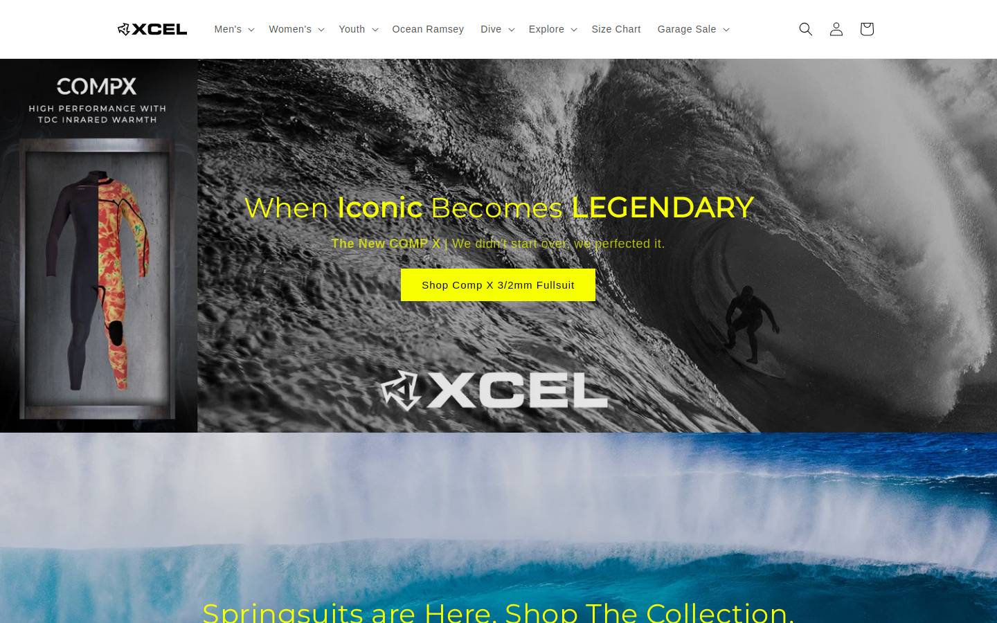 Xcelwetsuits homepage screenshot
