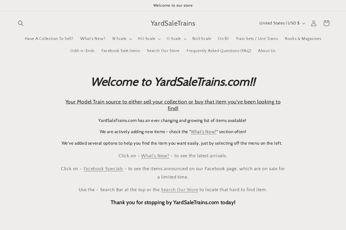 yardsaletrains.com homepage screenshot