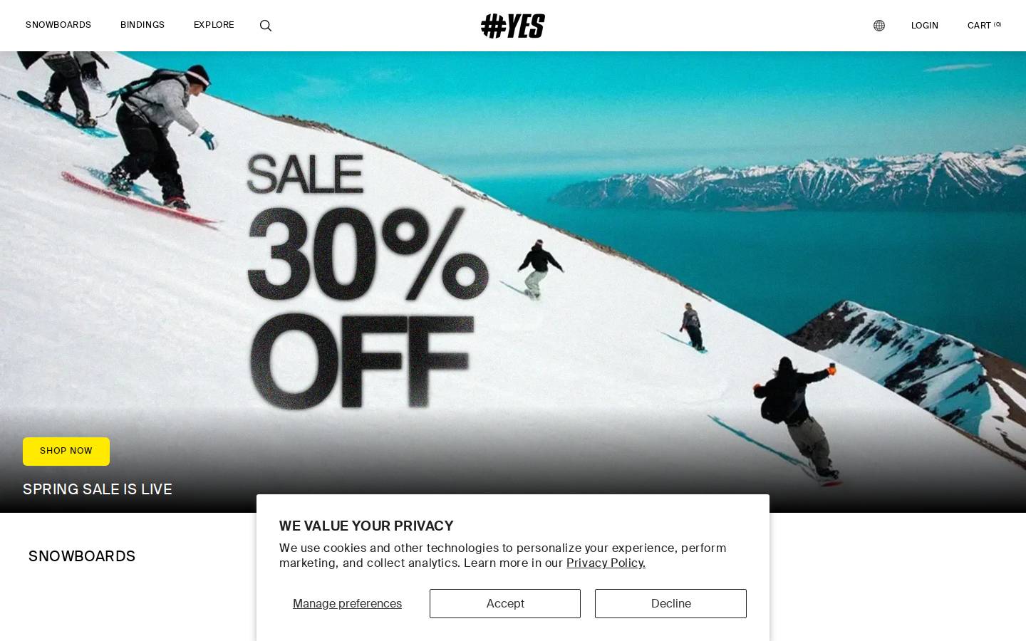 yessnowboards.com homepage screenshot