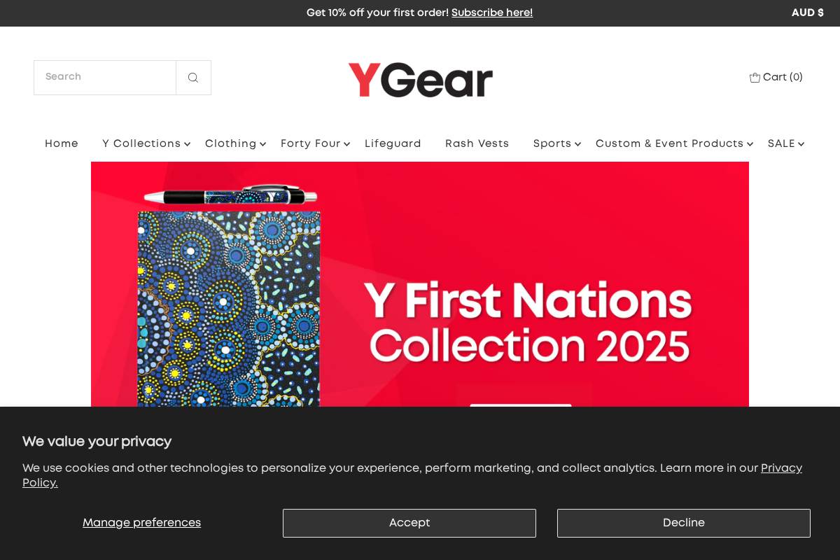 ymcagear.com.au homepage screenshot