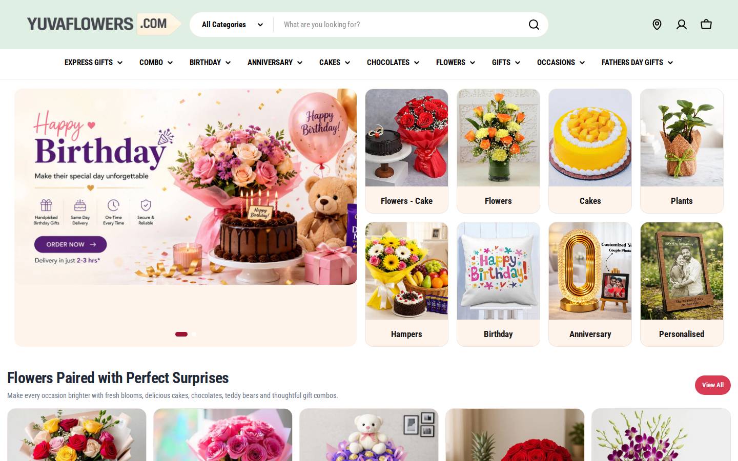 yuvaflowers.com homepage screenshot
