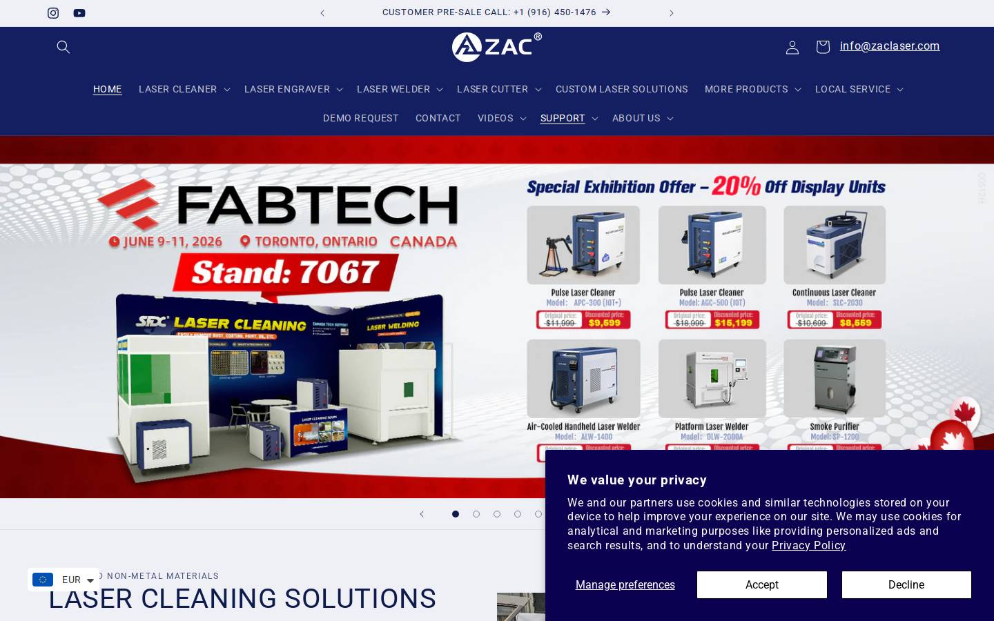 zaclaser.com homepage screenshot