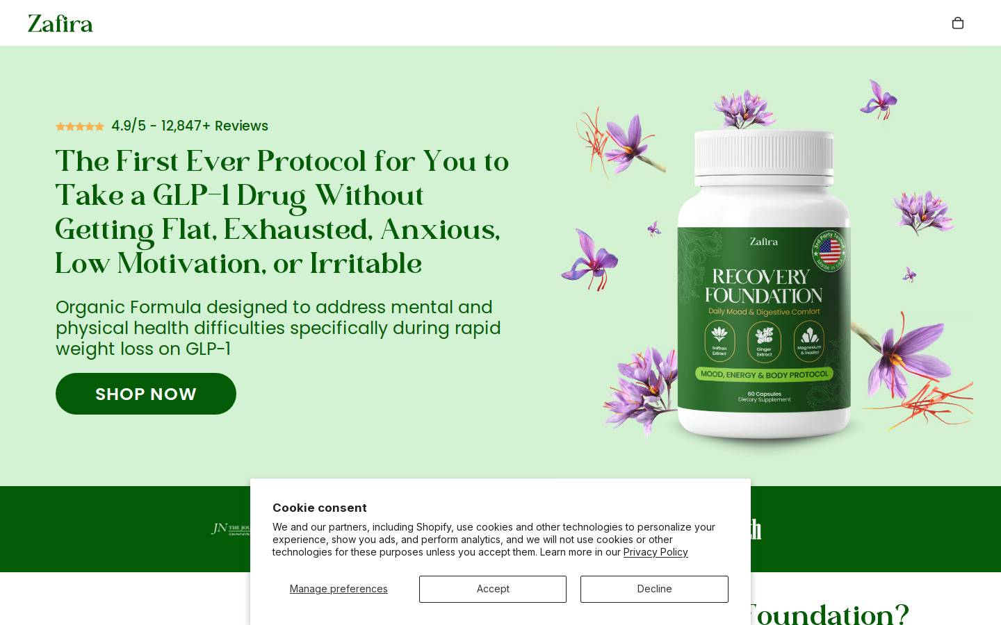 Zafira Organics homepage screenshot