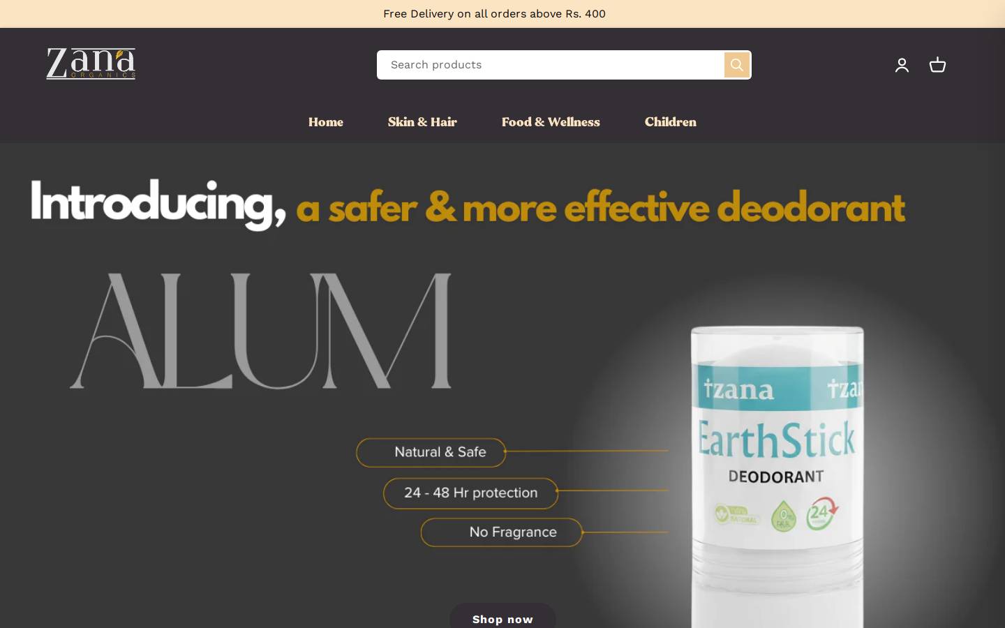 zanaorganics.com homepage screenshot
