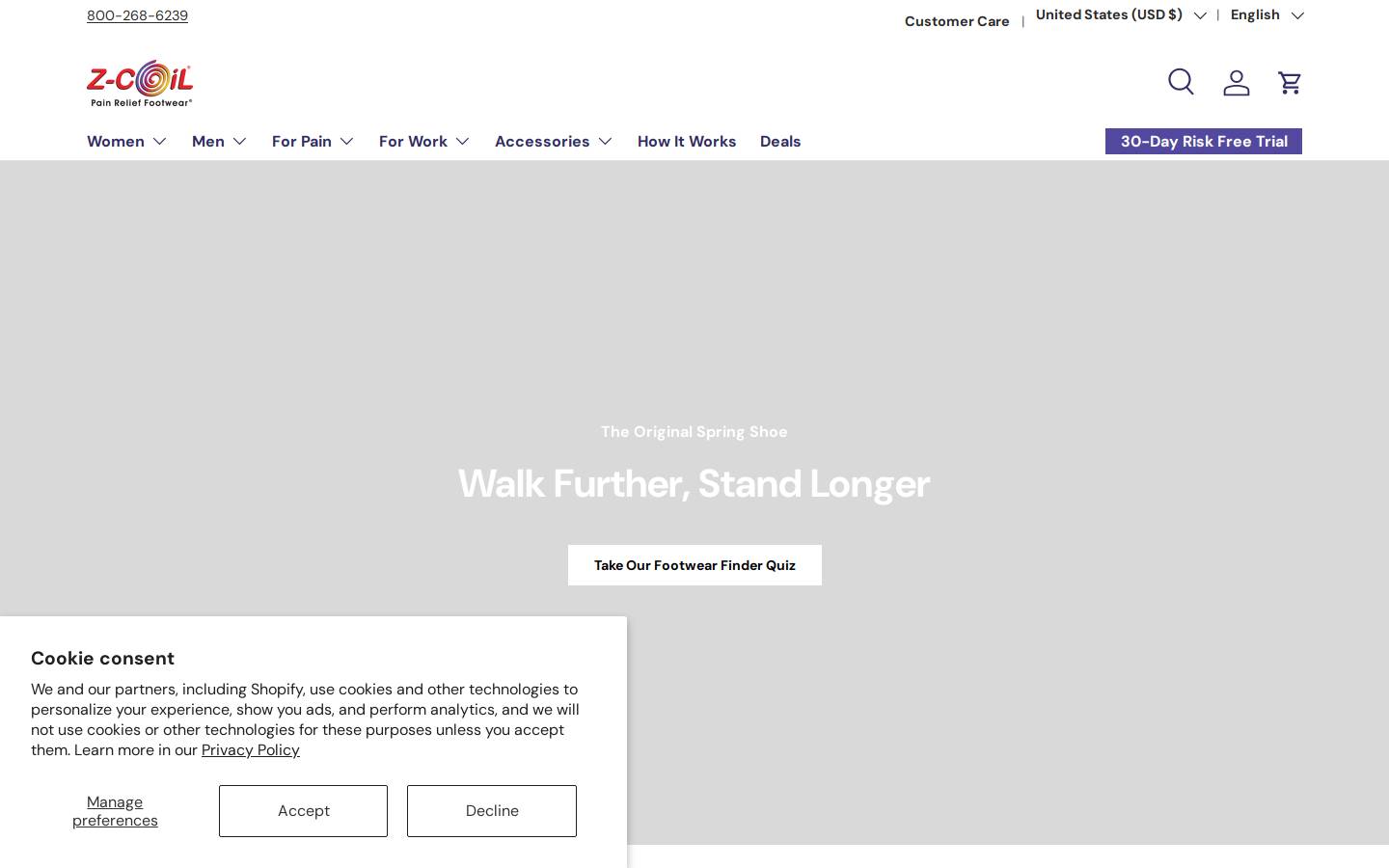 Z-CoiL Footwear homepage screenshot