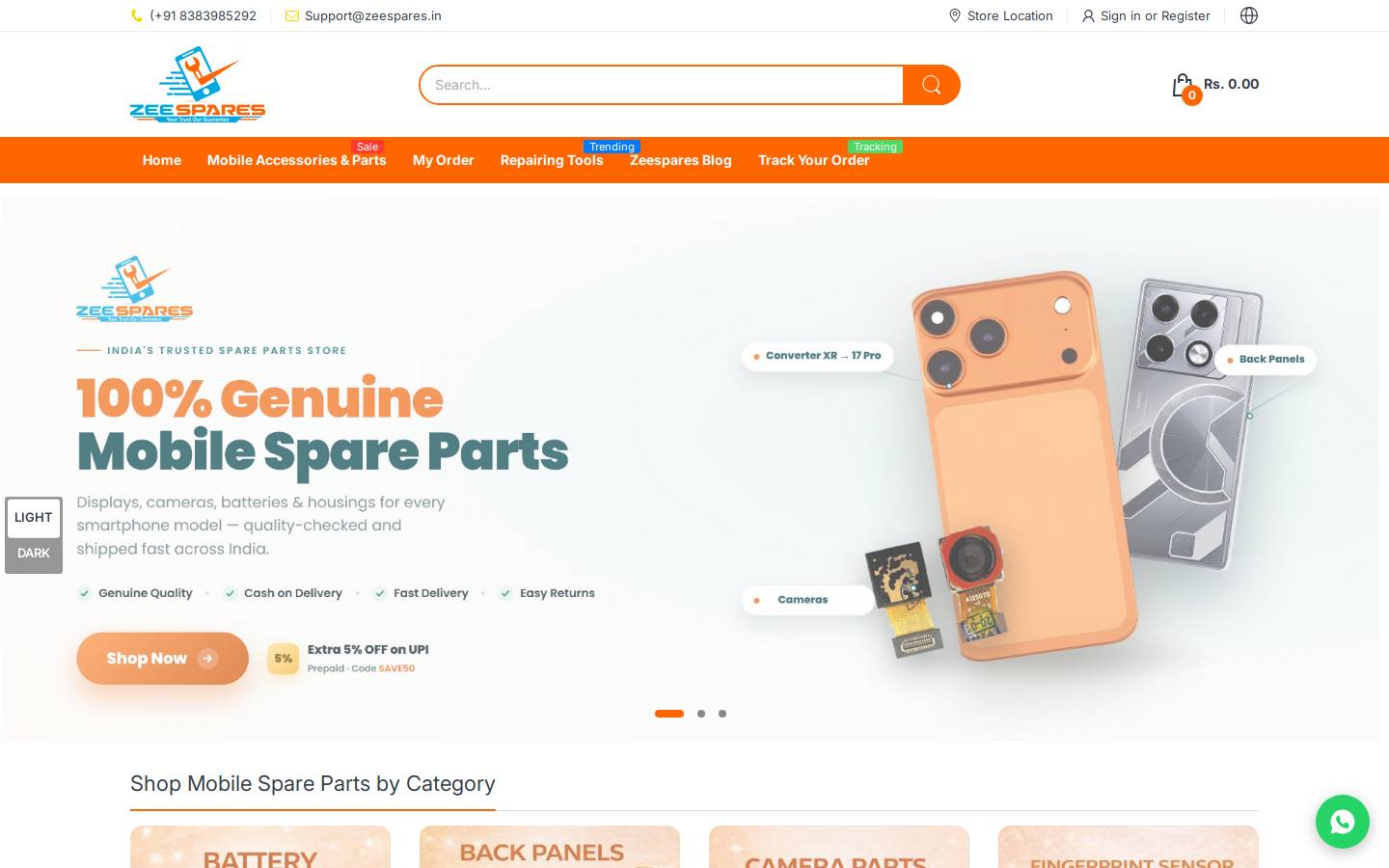 Zeespares homepage screenshot