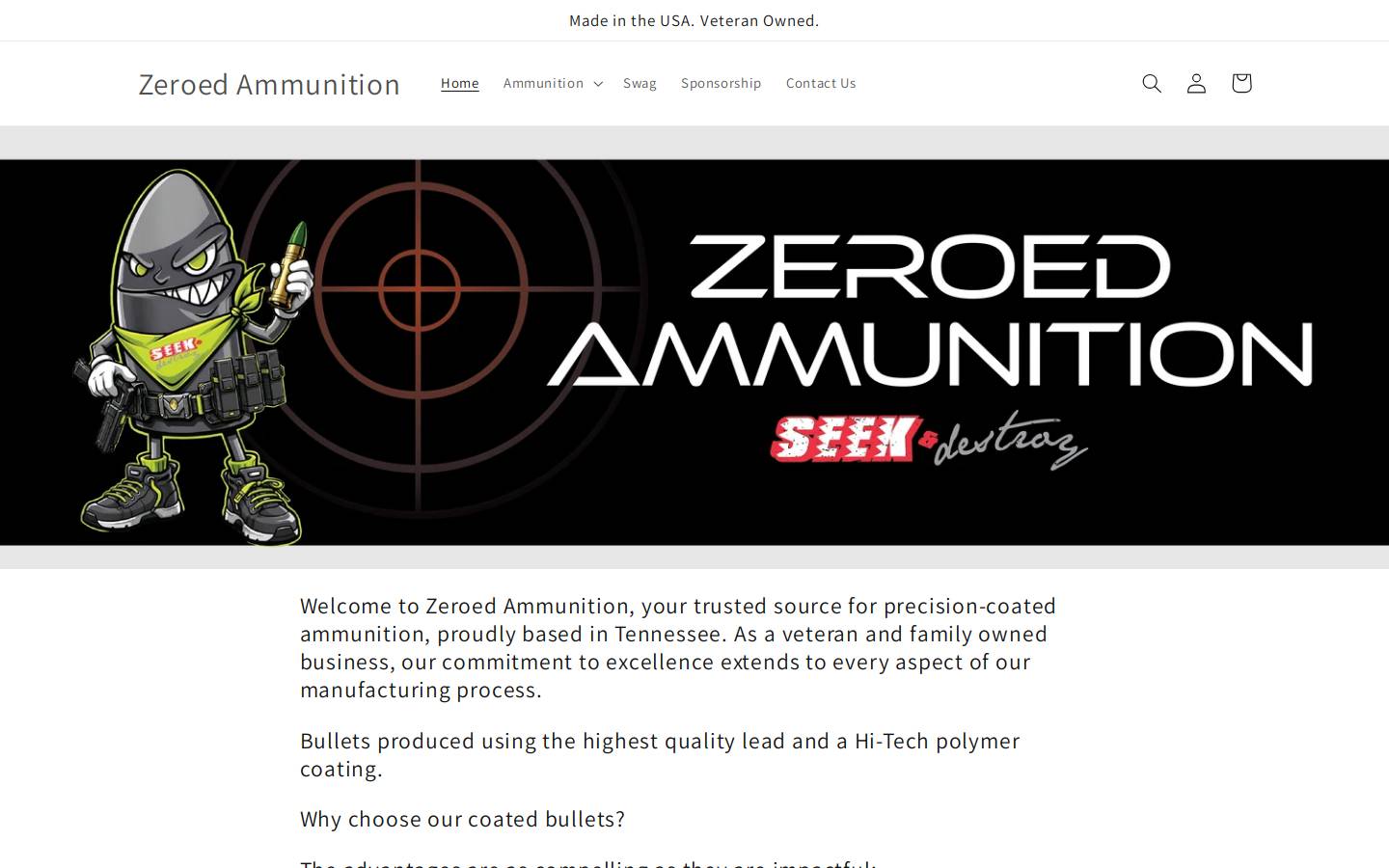 zeroedammo.com homepage screenshot