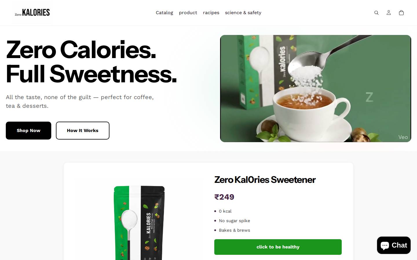 zerokalories.com homepage screenshot