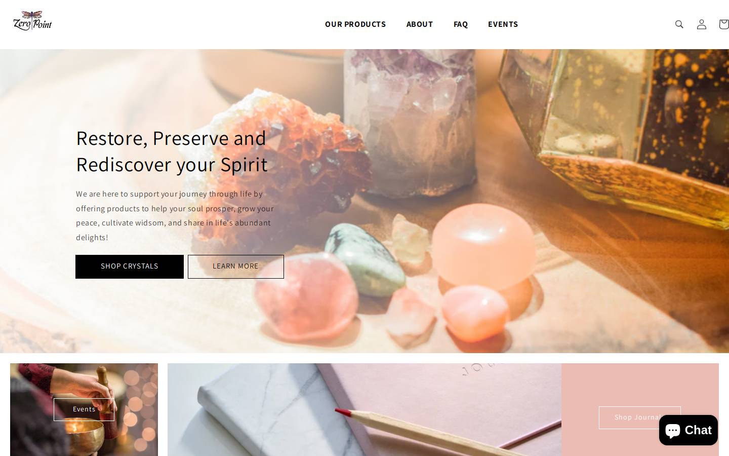 zeropointcrystals.com homepage screenshot