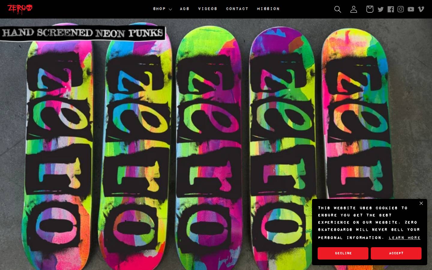 zeroskateboards.com homepage screenshot