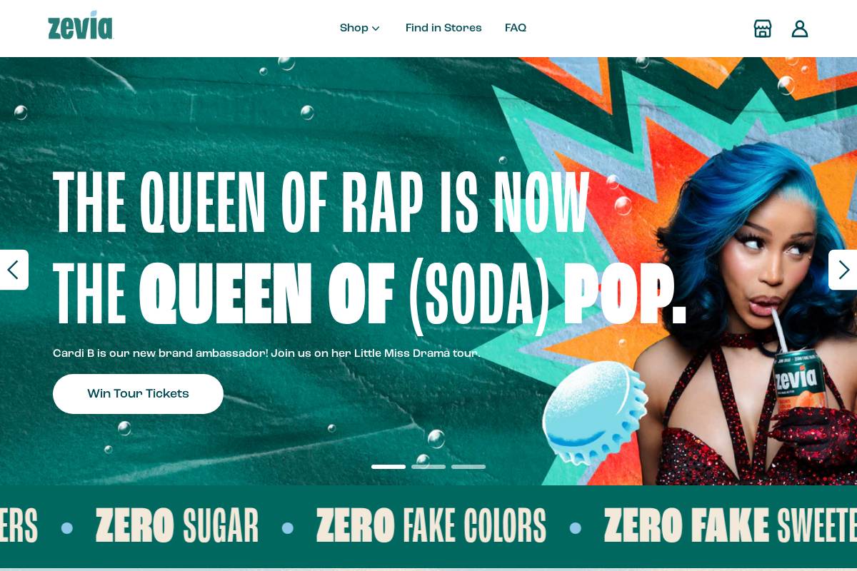 Zevia homepage screenshot