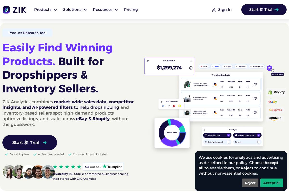 ZIK Analytics - #1 Product Research Tool homepage screenshot