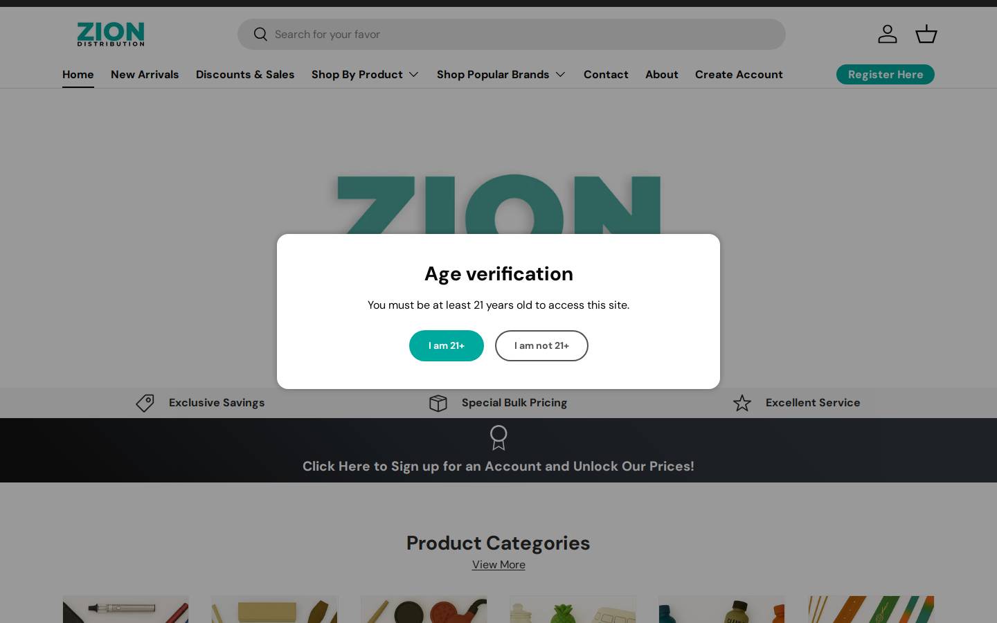 ziondistro.com homepage screenshot