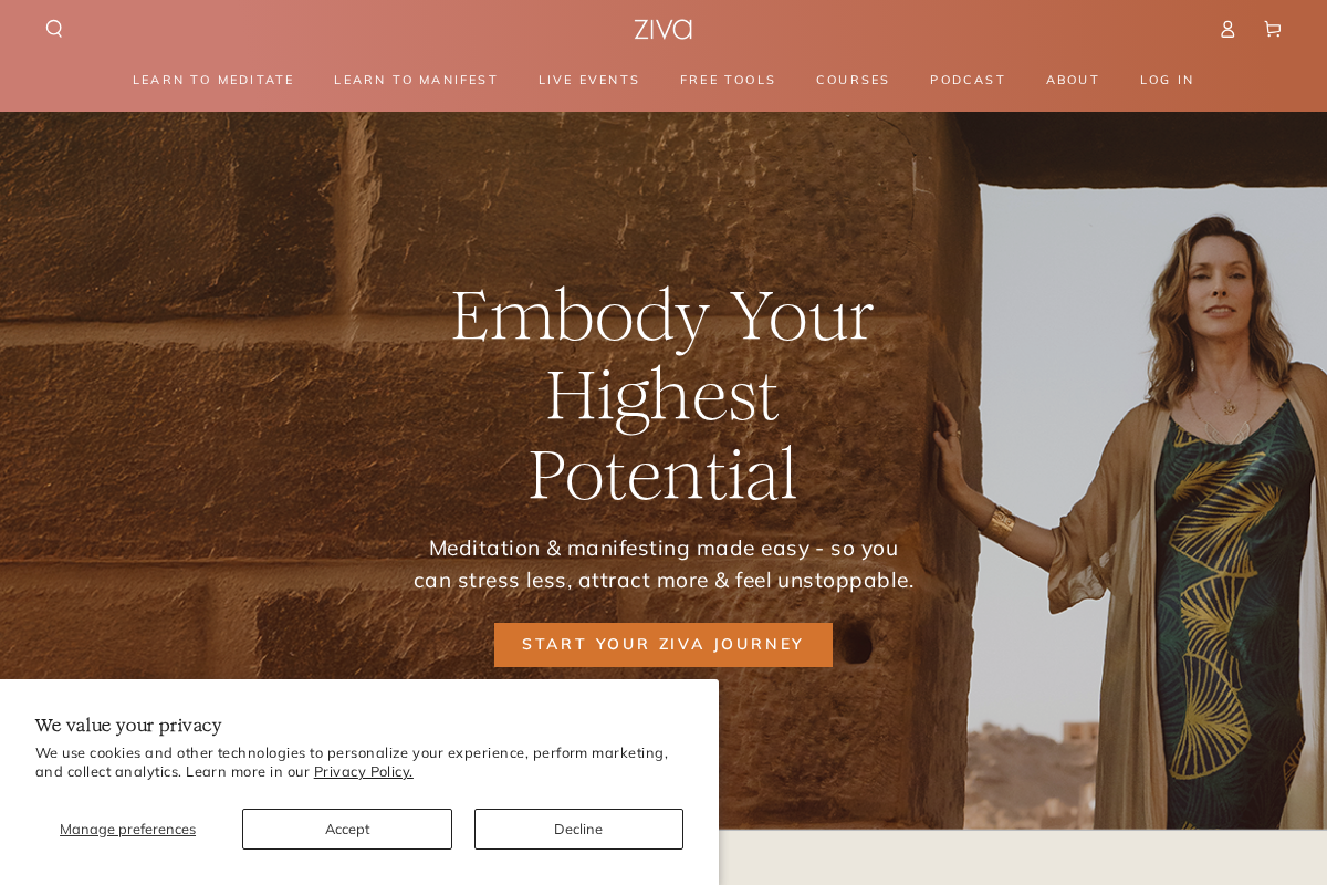 Ziva Meditation homepage screenshot
