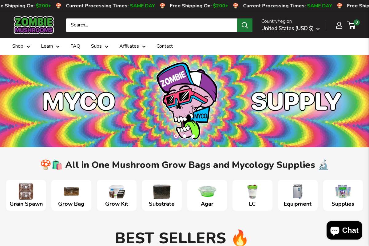 zombiemyco.com homepage screenshot