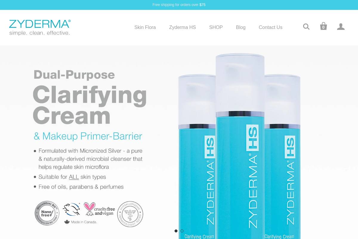 zyderma.com homepage screenshot